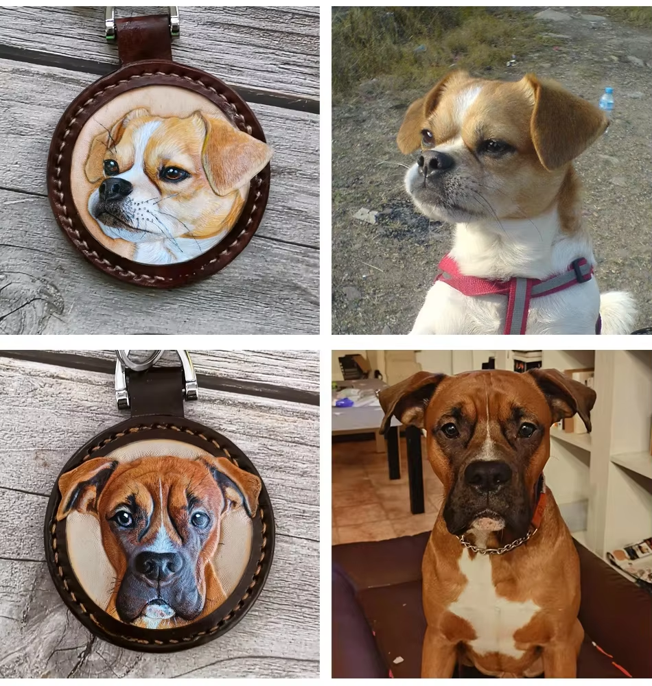Handmade Custom Pet Leather Carving Keychain - Realistic Cat/Dog Portrait Keyring