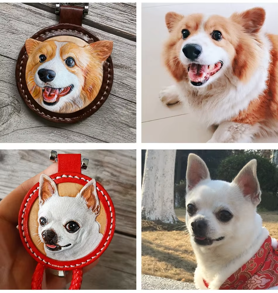 Handmade Custom Pet Leather Carving Keychain - Realistic Cat/Dog Portrait Keyring