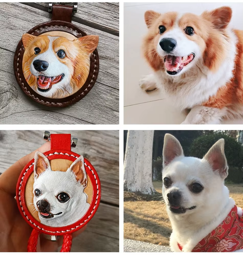 Handmade Custom Pet Leather Carving Keychain - Realistic Dog Portrait Keyring