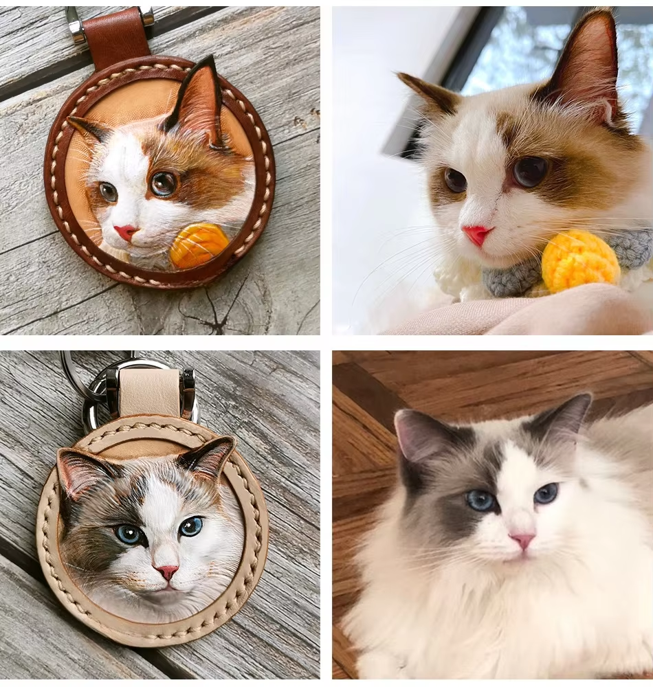 Customized pet leather carving handmade DIY keychain pouch pendant