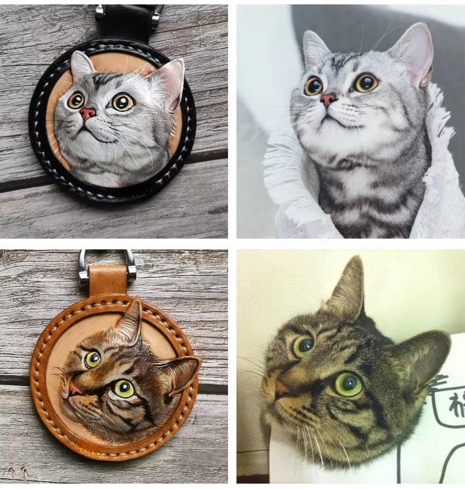 Customized pet leather carving handmade DIY keychain pouch pendant